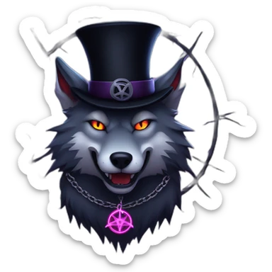 demonic wolf with a pentagram top hat and a pentagram chain with a haunting night background sticker