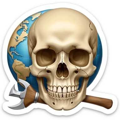 An icon featuring a human skull and fossilized bones, symbolizing the study of anthropology. The design includes archaeological tools like a pickaxe and brush, with a background of ancient artifacts and a globe. Transparent background emphasizes the exploration of human history and evolution. sticker