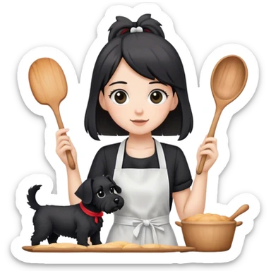 pale girl with long back hair wearing black long shirt wearing apron and baking holding black floppy ear schnauzer sticker