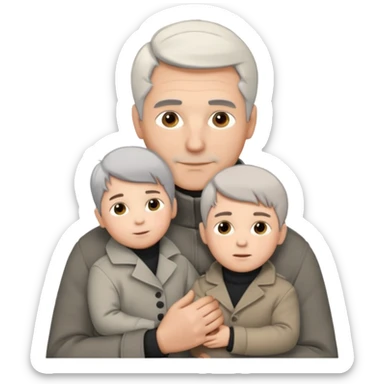 A father with silver-grey hair styled neatly and a clean-shaven face, wearing a dark turtleneck and wool coat, holding his child gently. The child has light brown hair and a soft white jacket. Warm cinematic lighting, emotional close-up. sticker