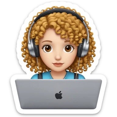 curly hair girl with headphones and a laptop sticker