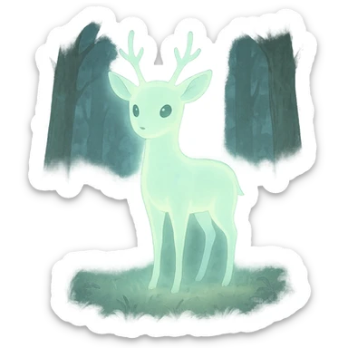 glowing animal-like forest spirit in a misty woodland, ethereal and gentle, ghibli style sticker