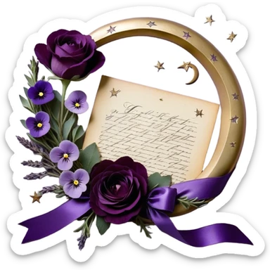 Beneath the soft light of a silver crescent moon, a bundle of handwritten letters lies wrapped in a velvety plum ribbon, adorned with a delicate sprig of lavender and a scattering of bruised violet pansies. A faded mauve rose and a deep purple peony, their petals gently curling at the edges, rest beside an ornate heart-shaped trinket, whispering tales of love lost and found. Golden stars twinkle faintly, reflecting off the wax-sealed envelopes, as if they, too, are enchanted by the lingering emotions woven into each word. sticker