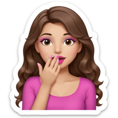 girl with long wavy brown hair, brown eyes, long lashes makeup, sexy pink lips, light to medium complexion, wearing a pink sexy top, sexy, giggling hand covering mouth sticker