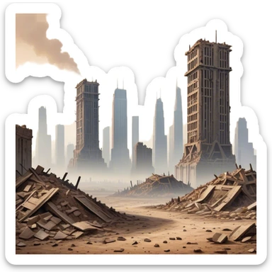 A desolate, abandoned Earth covered in thick layers of dust and smog. Skyscrapers made of compacted garbage towers rise among the ruins of a once-thriving city. The sky is a murky brown, with no signs of life, only the remnants of human civilization buried beneath waste. sticker