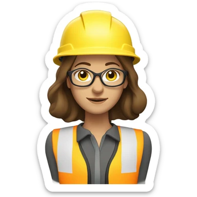 Caucasian woman with brown hair wearing a safety helmet, yellow safety vest, safety glasses and earplugs sticker