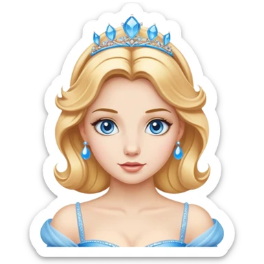 Cinematic Realistic Comical Cinderella Portrait, with every detail rendered realistically—from the soft, smooth texture of her fair skin to her artfully styled golden-blonde hair. Her bright blue eyes are wide with playful disbelief, and her expression carries a touch of whimsical humor while retaining elegant poise. Her classic ball gown, detailed with rich fabric textures and natural shadows, catches the light in a way that blends refined beauty with a hint of cheeky mischief, creating a striking, lifelike portrayal. sticker