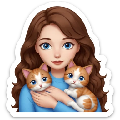 girl with long wavy brown hair, blue eyes, long lashes makeup, cuddling with 6 cute cats sticker