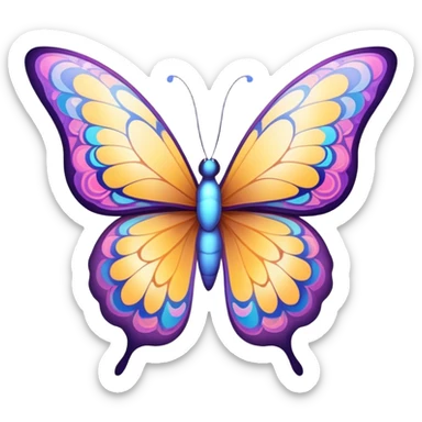 Cinematic Elegant Butterfly Portrait Emoji, Poised and ethereal, with delicate, intricately patterned wings in a kaleidoscope of soft, vibrant colors, a slender, graceful body, and gentle, observant eyes, Simplified yet exquisitely delicate features, highly detailed, glowing with a soft, radiant luminescence, high shine, intelligent and enchanting, stylized with an air of whimsical floral elegance, focused and poised, soft glowing outline, capturing the essence of a watchful butterfly that appears ready to flutter out of the screen with magical grace! sticker