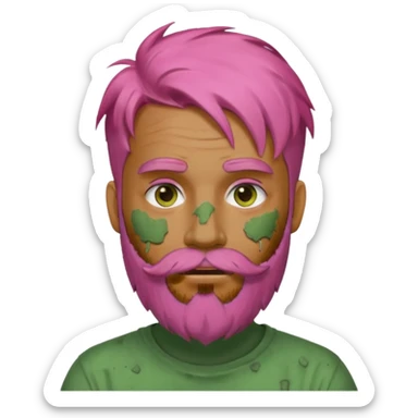 pink haired man with full full face dirty messy green clay mask and beard sticker