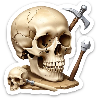 An icon featuring a human skull and fossilized bones, symbolizing the study of anthropology. The design includes archaeological tools like a pickaxe and brush, with a background of ancient artifacts and a globe. Transparent background emphasizes the exploration of human history and evolution. sticker