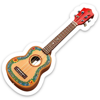 Create a vibrant and artistic emoji representing a ukulele with a Mexican design. The ukulele should feature a bright, colorful body with traditional Mexican patterns, such as geometric shapes, floral motifs, or colorful stripes. Use rich, warm tones like red, yellow, green, and blue to give the instrument a lively, festive look. Highlight the wood grain of the ukulele’s neck and fingerboard, and add subtle details like decorative inlays or a small Mexican flag symbol on the body. The strings should be clearly visible, and the instrument should be in a slightly angled position to showcase its unique design. The background should be transparent. sticker