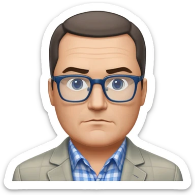 50-year-old heavyset man with very wide face and prominent square jawline. Short straight hair combed to the side, not balding. Large dark square glasses. Serious-relaxed expression. Light gray jacket that fits his larger frame, white shirt with blue checkered pattern. sticker