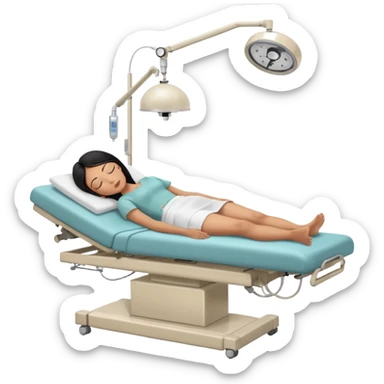 A black-haired woman in her 50s lying on an examination bed with eyes closed, shown in a wide, full-body shot in a clean colonoscopy procedure room. Only the patient is visible. sticker