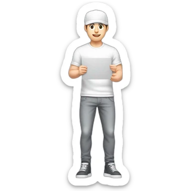 Pale skinned fit Man with dark brown hair in a white cap, gray jeans and gray polo T-shirt keeping a pasted with tape white box into his hands sticker