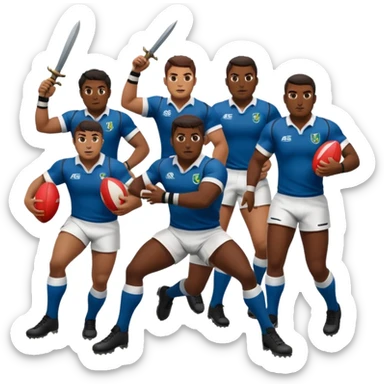 Batalla medieval protagonizada por jugadores y jugadoras de rugby con botas de rugby agarrando armamento y uno de ellos un balon sticker