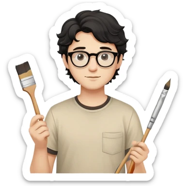 Young caucasian man with black wavy hair, round glasses, beige painting shirt, holding a square paintbrush sticker