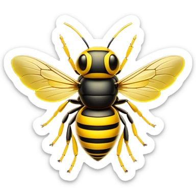 Cinematic Noble Hornet Portrait Emoji, Poised and intimidating, with a sleek, segmented body in bold yellow and black hues, sharp, focused eyes, and delicate, translucent wings, Simplified yet sharp and sophisticated features, highly detailed, glowing with a soft, insectile radiance, high shine, intelligent and formidable, stylized with an air of natural authority, focused and alert, soft glowing outline, capturing the essence of a watchful and confident hornet that appears ready to buzz out of the screen with effortless power! sticker