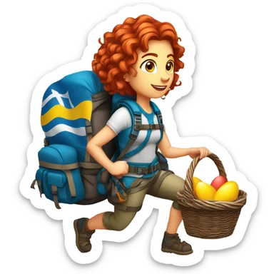 Female winter mountain climber red wavy hair climbing with Greek flag on backpack and holding Easter eggs basket sticker