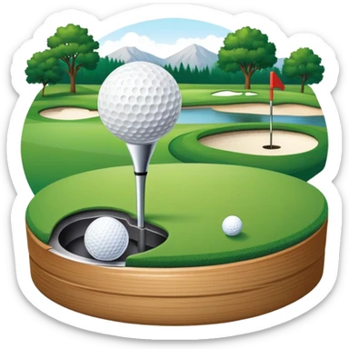 A golf ball on a tee with a golf club placed beside it, set against the backdrop of a well-manicured green golf course. The scene emphasizes the equipment and serene atmosphere of the sport, with soft lighting and a peaceful, open landscape sticker