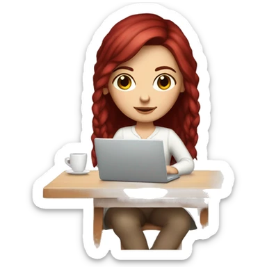 Slavic white girl with burgundy hair and brown eyes with laptop on the table  sticker
