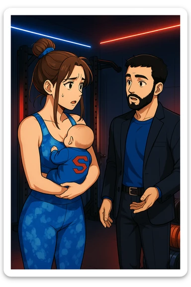 ispirati a questo stile di disegno e fai questa immagine in versione manga/webtoon a colori, il manga mostra la donna preoccupata con un neonato in braccio con una tutina azzurra e la scritta "S" sulla schiena, la donna gli sta facendo una domanda all'uomo, ma non fare i fumetti, fai come se stessero parlando sticker