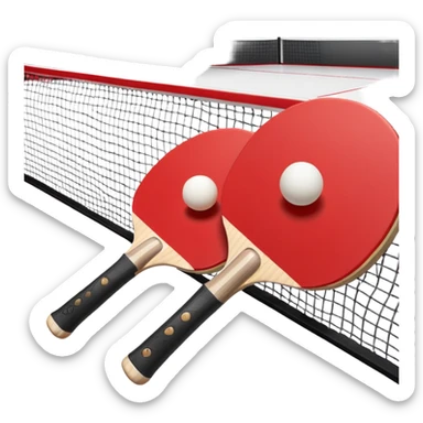 Two table tennis paddles and a ball placed on a ping pong table, with the net in the background. The scene conveys the simplicity and focus of the sport, with vibrant colors highlighting the rackets and ball on the smooth surface of the table. sticker