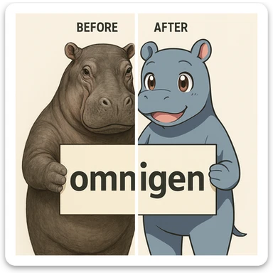 two hippo holding sign of omnigen, half picture 1 hippo is realistic another half is the anime of that same second hippo, with before after mark sticker