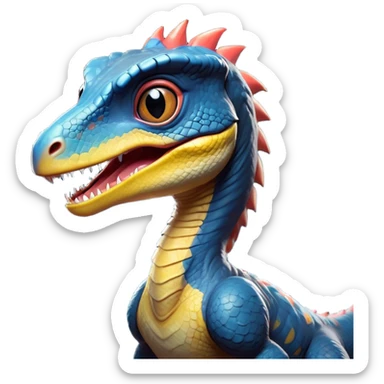 Cinematic Cute jurassic park Velociraptor Portrait Emoji, Head tilted playfully with a cheeky smirk, featuring a compact, agile form with smooth, dark scales and softened, expressive eyes that sparkle with mischievous charm, Simplified yet irresistibly adorable features, highly detailed, glowing with a warm, inviting prehistoric glow, high shine, affectionate and lively, stylized with a touch of whimsical dinosaur mischief, soft glowing outline, capturing the essence of a playful jurassic park Velociraptor that seems as if it could sprint out of the screen into your heart! sticker