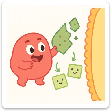 Ultra-detailed emoji-style illustration of enzyme digestion: Red amylase breaking green starch into sugars near a yellow cell membrane. Clean white background, no text. Scientific but simple sticker