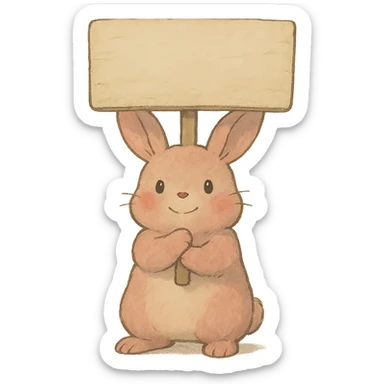 rosy bunny holding signboard high, soft ghibli style sticker