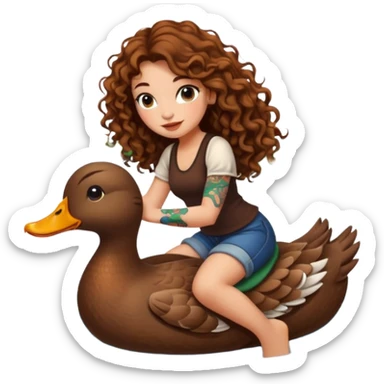 cute woman long curly brown hair tattoos riding duck through pond sticker