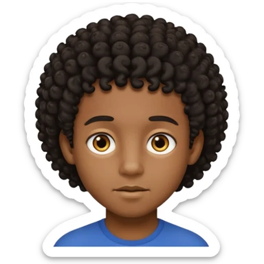 This avatar of black boy has tightly curly dark hair styled upward, a rounded face with golden-brown eyes, and a neutral expression sticker