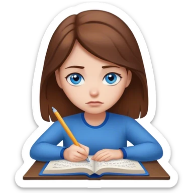 female writer, romantic, with brown hair, fair skin and blue eyes writing a book with a sad face sticker