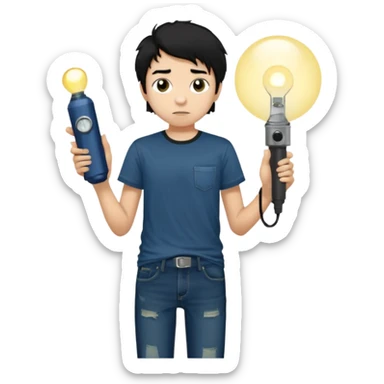  > 15-year-old boy, 165 cm tall, slim build, light tan skin, messy black hair, dark brown eyes with dark circles, wearing a dark t-shirt and faded jeans, holding a small flashlight, expression of curiosity mixed with fear, dim and foggy background, realistic style. sticker
