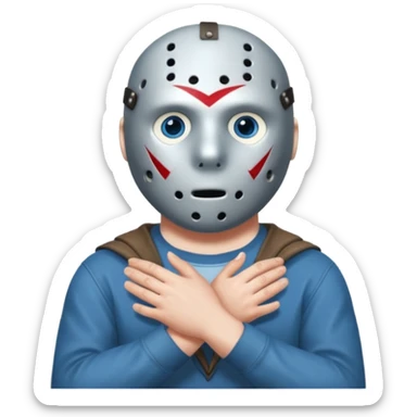 a cartoon image of Jason Voorhees, looking cute, with his hands clasped in front of him, at a sideways angle, looks like he is in love sticker