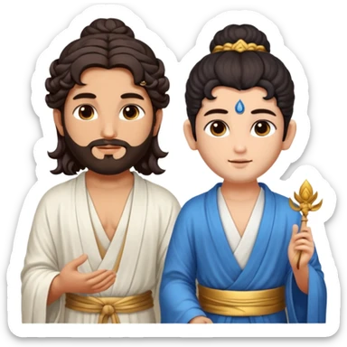 Create a Jesus - long wavy dark-brown hair, short beard, wearing a simple white robe., Krishna- blue skin with dark curled hair , and Buddha standing together. Buddha: warm golden or light tan skin, dark curled hair with a traditional top bun (ushnisha)

 sticker