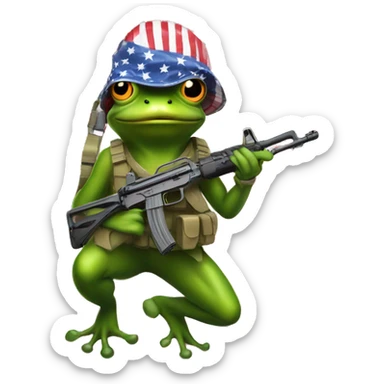 frog with a helmet holding an ak47 in a patriotic pose sticker