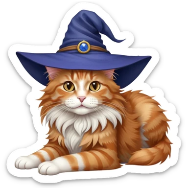 full body Maine coon ginger tabby cat flopped over on her back wearing an indigo witch hat sticker