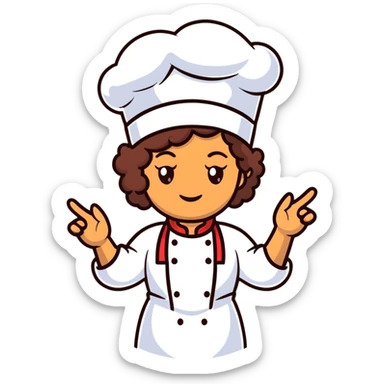 Mixed-race female chef with medium-length curly brown hair, wearing a chef's hat (toque), with both an angel halo and devil horns on her head sticker