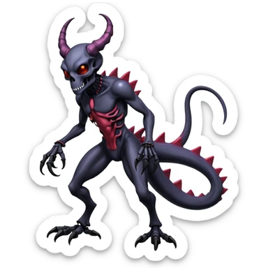 Shiny Horned Futuristic Badass Demonic Spectral Dusky Spooky Skull-faced Cool Hot Stylish Handsome Alien-Salandit-Venom-Darkrai-Genesect-Fakémon-fusion (full body) sticker