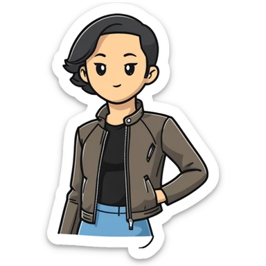 female character with oval-shaped flat-top head wearing a tight-fitting elbow-length black leather jacket sticker