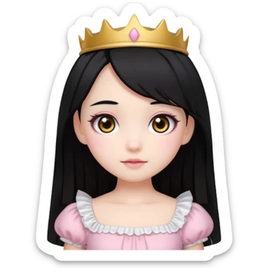 pale girl with medium length black hair, brown eyes, doll-like hime makeup, wearing a light pink hime dress, emoji style sticker
