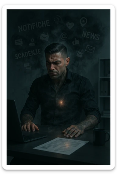 A highly realistic, cinematic image of a young man in his early 30s, sitting at a modern office desk under harsh artificial lighting, shoulders hunched, jaw clenched, and breathing shallowly, symbolizing how modern society forces people to live in a state of chronic tension and restricted breathing. Around him, faint black and grey visual elements represent notifications, deadlines, social media icons, and news alerts, swirling around his head like a chaotic storm, symbolizing societal pressure. His chest appears visually tight and compressed, and faint dark smoke emanates from his body, representing blocked breath and internalized stress. In contrast, a faint glowing light near his chest and abdomen tries to expand, symbolizing the innate desire of the body to breathe freely and deeply. The environment is cold and minimalistic, with a sense of stillness and tension, captured in a hyperrealistic 35mm film style with muted colors, focusing on the man's tense posture and restricted breathing to reflect the unseen burden of modern living. in italiano sticker