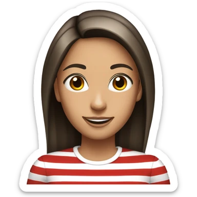 Portrait of an adult girl, tanned skin, dark long straight hair, dark eyes, smiling, wearing a white long sleeve with red horizontal narrow stripes. sticker