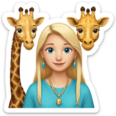 Swedish girl blonde long straigt hair blue eyes turqoise shirt gold earings girrafe necklace gold small long lashes smiling closed mouth sticker
