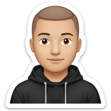 Latino man with light brown warm skin, round face, full cheeks, soft jaw, slight friendly smile, very very short almost buzz cut hair, medium eyebrows, medium eyes, straight nose, medium lips, wearing black hoodie with white logo, practical and hardworking vibe sticker