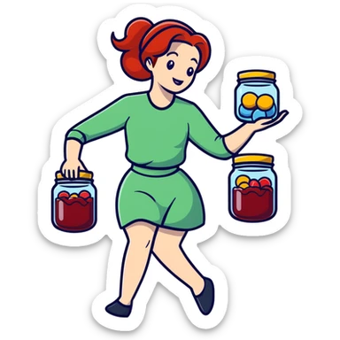 redhead woman juggling with 3 glass jars with jam sticker