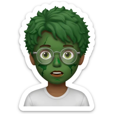 crie a imagem de um garoto com estilo memoji de iOS de pele esverdeada com machucados abertos na boca , cabelos cacheados castanhos e oculos. sticker