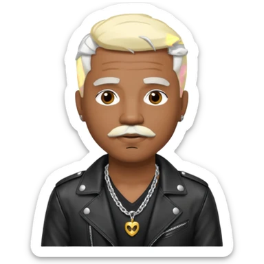 Sisqo, medium dark skin, brown eyes, platinum blonde hair and mustache, black leather jacket with chest and necklace sticker